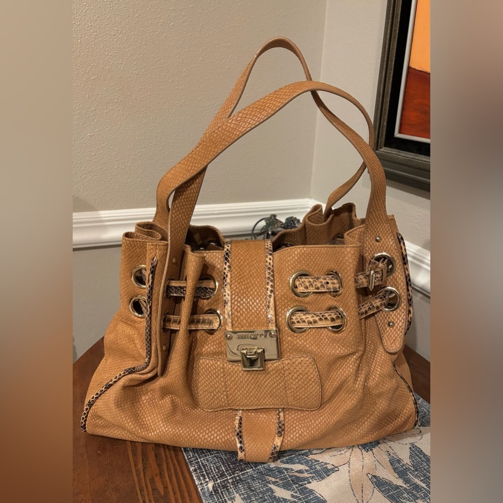 Jimmy Choo Tan Textured Leather Satchel with Snakeskin Accents